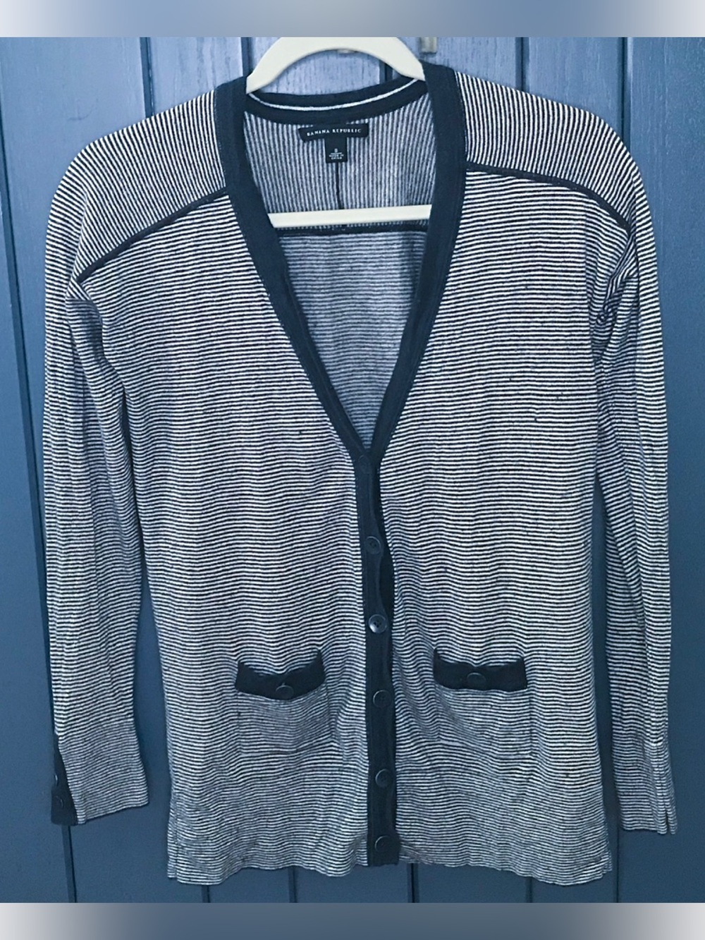 Banana Republic Navy Blue & White Striped Cardigan Sweater Sz Small Preppy